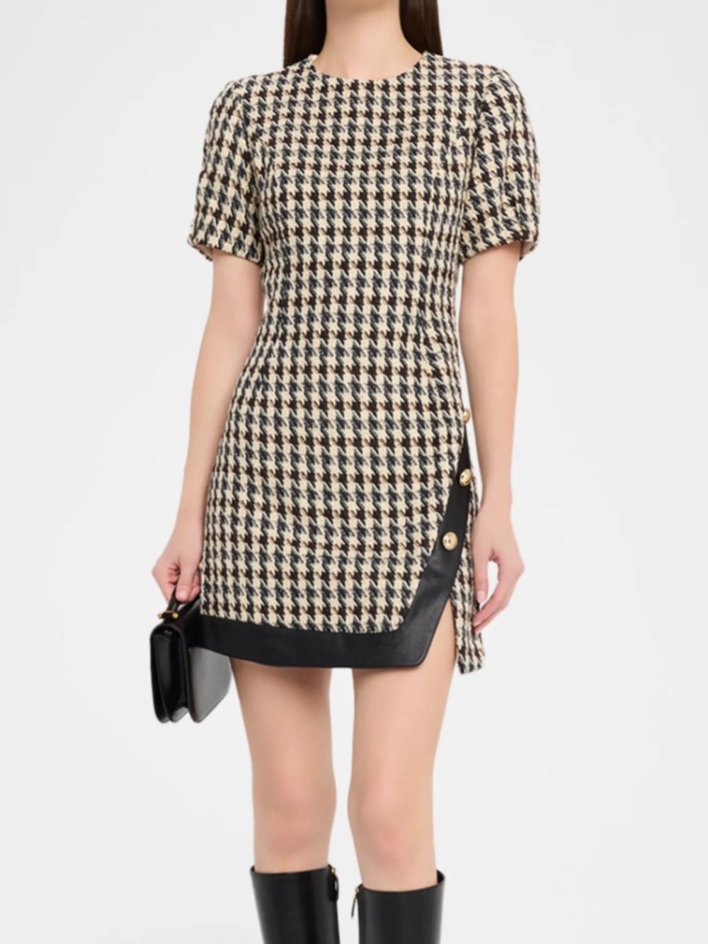 Irene A-Line Houndstooth Tweed Mini Dress